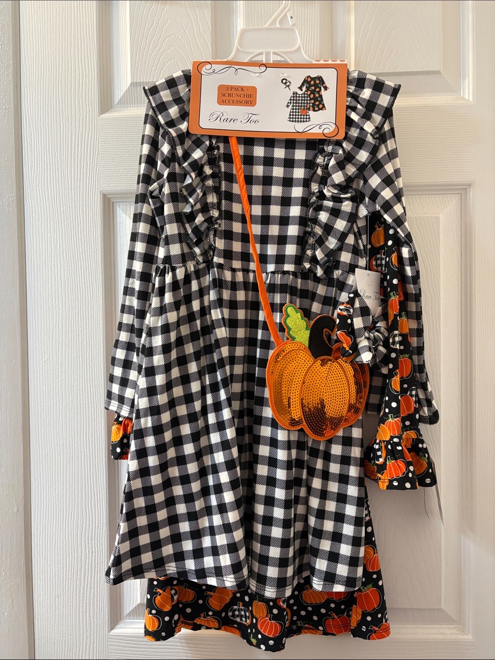 NWT Rare Too 5 Pc Set 2 Fall Dresses Scrunchies and Gold Sequin Pumpkin Bag